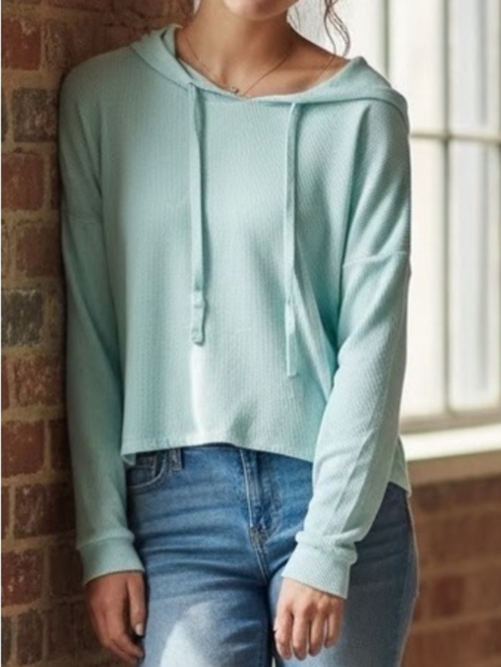 Eileen Fisher size S/P waffle hoodie sweatshirt with drawstring